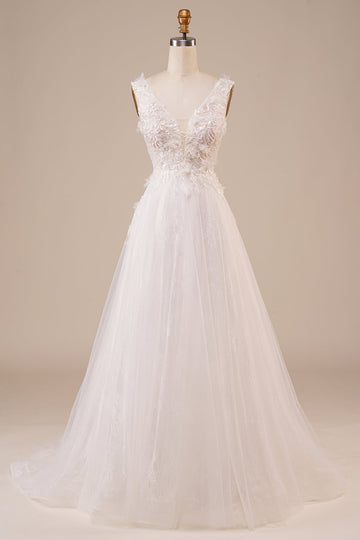 Vestido de novia largo de tul brillante con cuentas de marfil